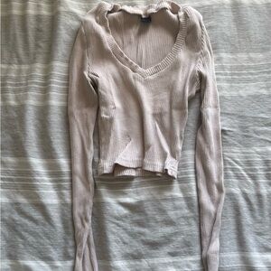 Ribbed V-Neck Long Sleeve Top in Light Beige